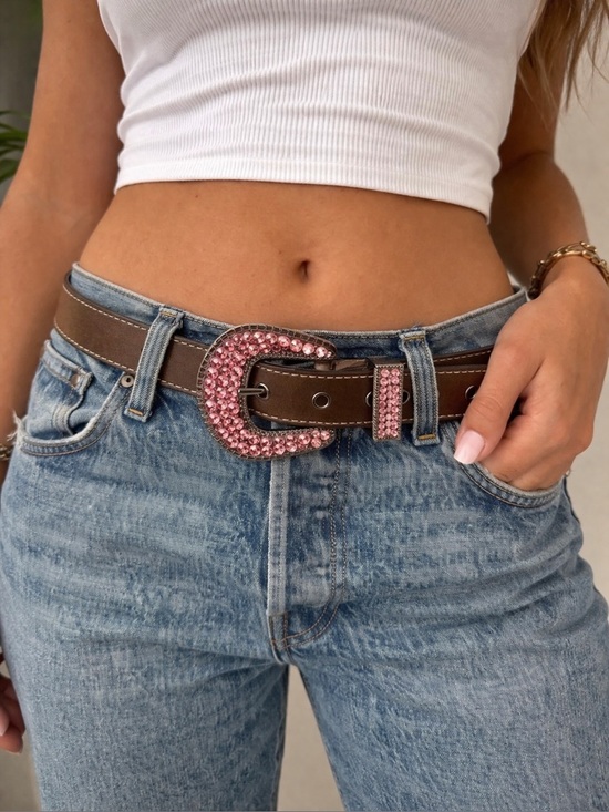 Blazin Roxx Accessories - Blazin Roxx Brown Leather Belt Pink Rhinestone Buckle Western Glam